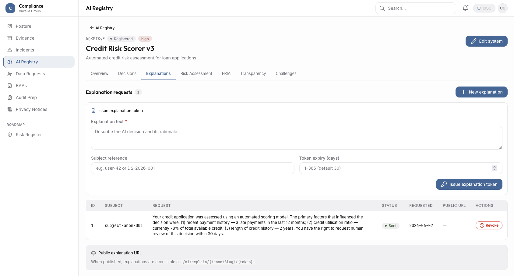 The Compliance Posture dashboard: open incidents, high-risk AI systems, framework coverage across GDPR, SOC 2, NIS2, and HIPAA, and EU AI Act governance.